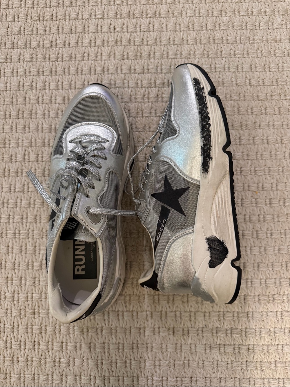 Golden Goose Silver Metallic Lace-Up Sneaker with Black Star - worn once. Size 8